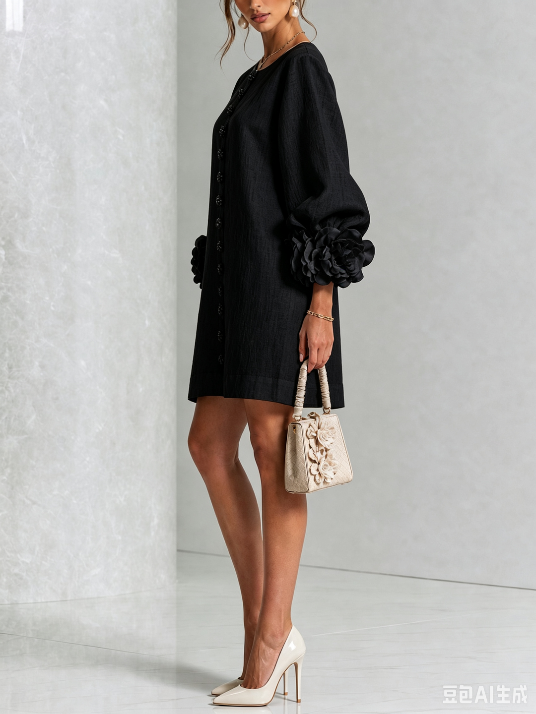 Elegant A-Line Dress with Voluminous Sleeves and Floral Buttons
