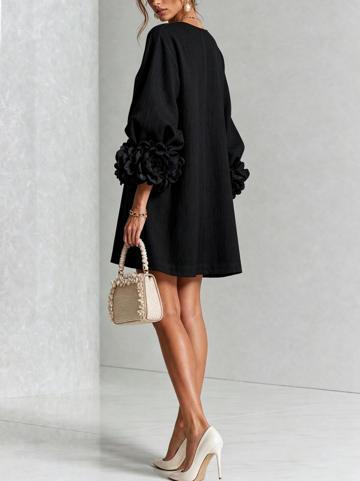 Elegant A-Line Dress with Voluminous Sleeves and Floral Buttons