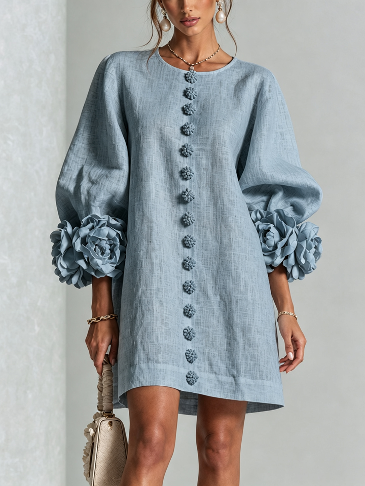 Linen-Blend Shirt Dress with Rosette Trim on the Sleeves.