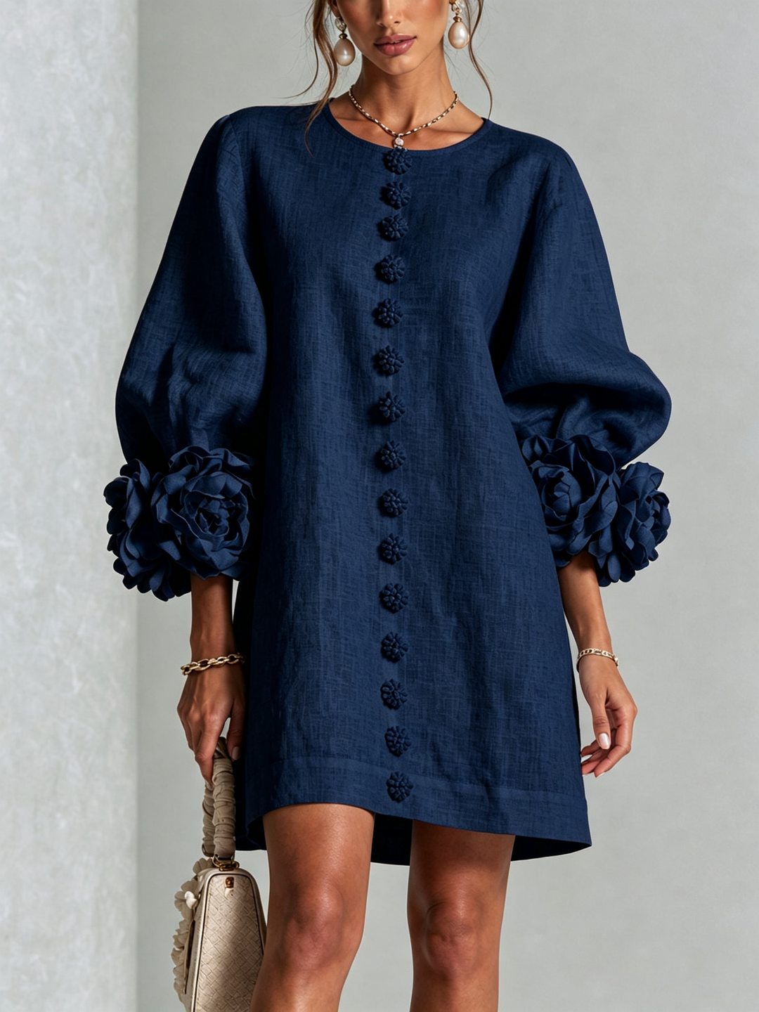 Linen-Blend Shirt Dress with Rosette Trim on the Sleeves.