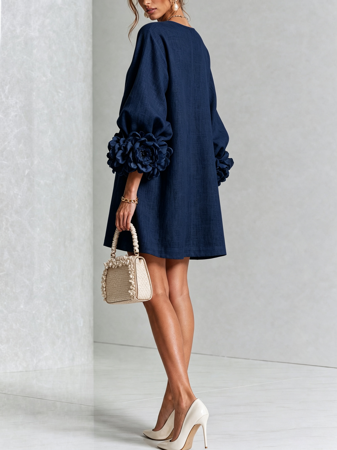 Elegant A-Line Dress with Voluminous Sleeves and Floral Buttons