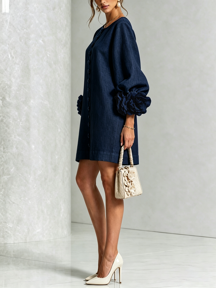 Women's Linen Tunic Mini Dress with Long Puff Sleeves