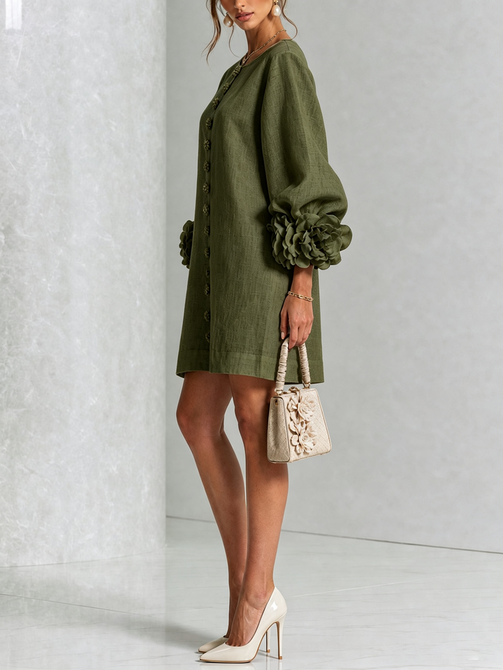 Linen-Blend Shirt Dress with Rosette Trim on the Sleeves.