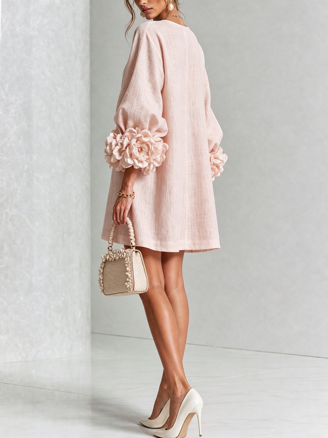 Elegant A-Line Dress with Voluminous Sleeves and Floral Buttons