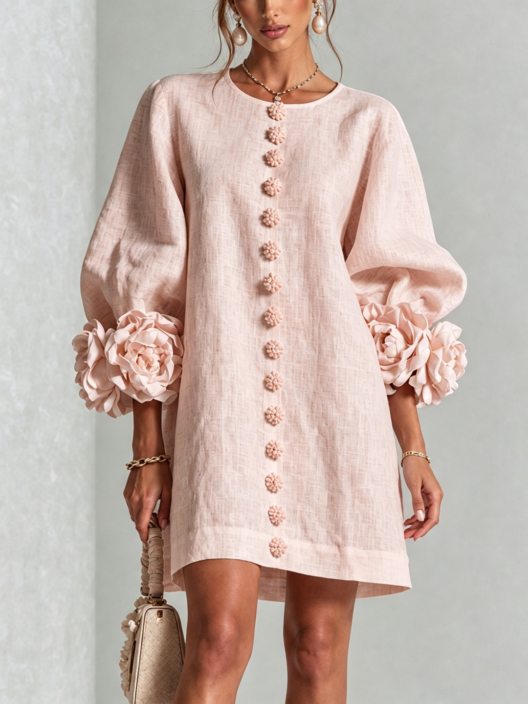 Elegant A-Line Dress with Voluminous Sleeves and Floral Buttons