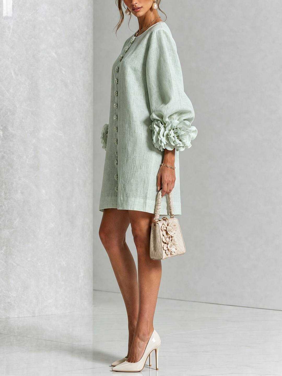 Linen-Blend Shirt Dress with Rosette Trim on the Sleeves.
