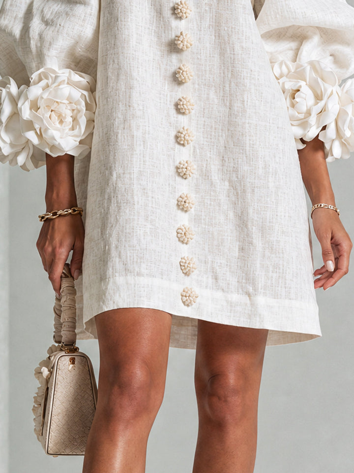 Linen-Blend Shirt Dress with Rosette Trim on the Sleeves.