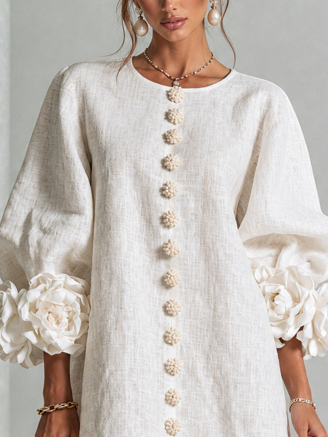 Women's Linen Tunic Mini Dress with Long Puff Sleeves