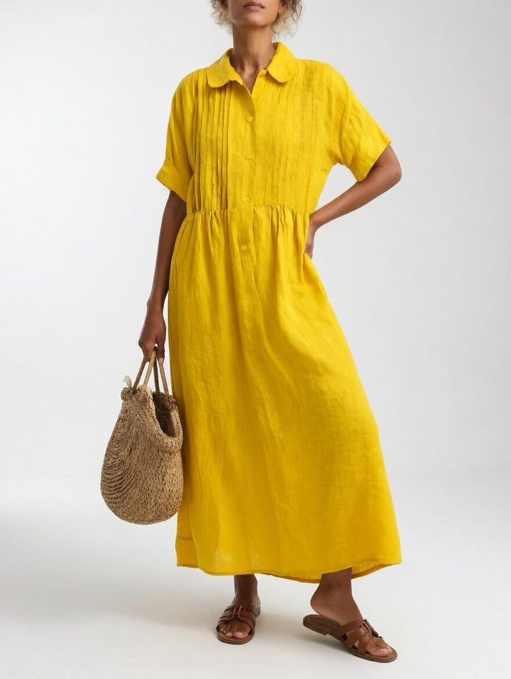 Casual Cotton Maxi Shirt Dress with Button Placket and Short Sleeves
