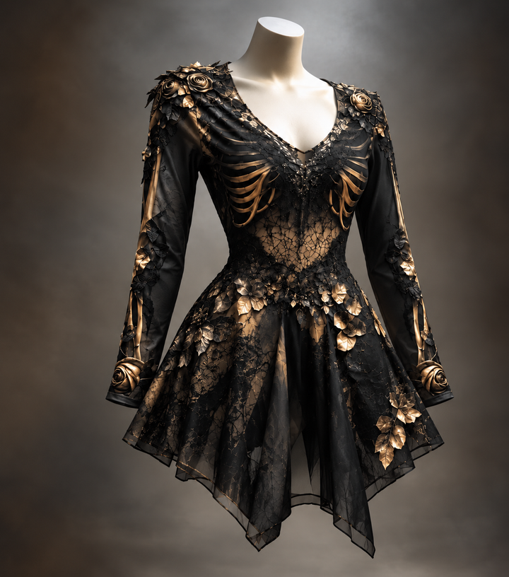 Women's Gothic Long-Sleeve V-Neck Mini Dress with Bone and Floral Detail