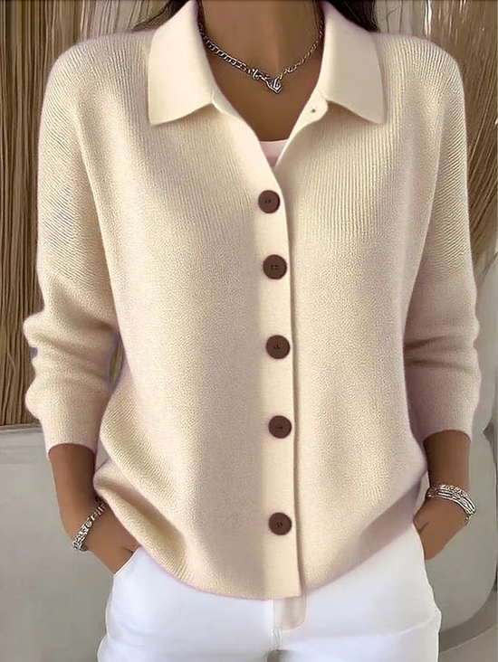 Women's Knit Cardigan with Button Placket and Relaxed Collar