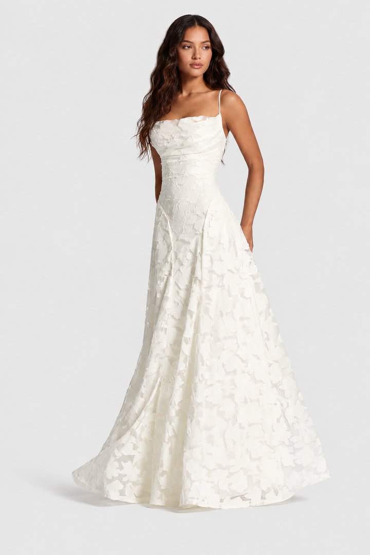Raised 3D floral lace A-line midi-maxi dress with draped neckline