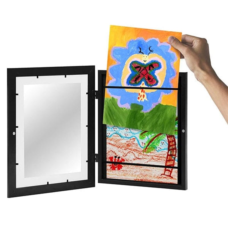 Children's picture frame with hinged opening for A4 drawings, holds up to 150 pieces, MDF and tempered glass