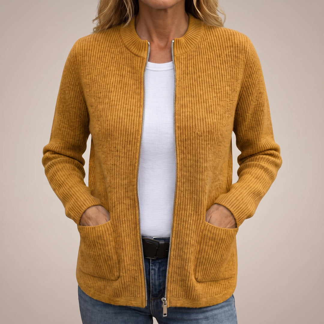 Cozy zip-up cardigan with deep front pockets