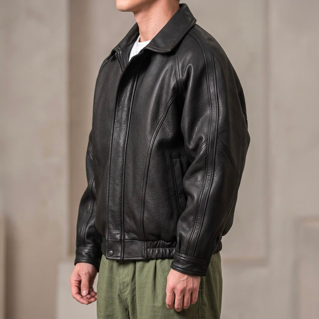 Men's Faux Leather Jacket with Zip and Structured Collar for Spring
