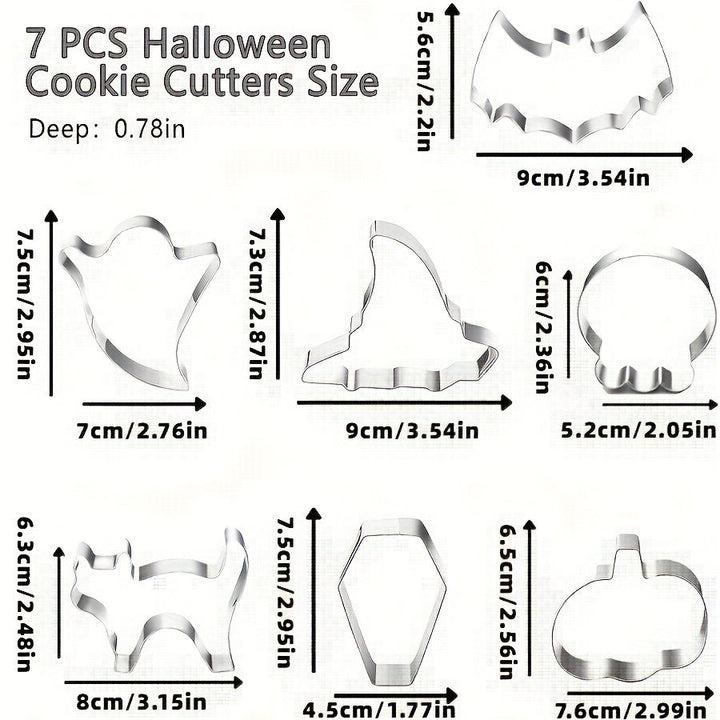 Halloween Stainless Steel Cookie Cutters Set with 7 Shapes Including Bat Ghost Pumpkin and Skull