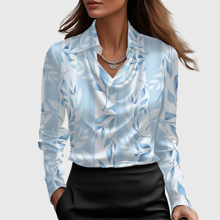 Women's satin blouse with waterfall neckline - long-sleeved collared top for work and evenings