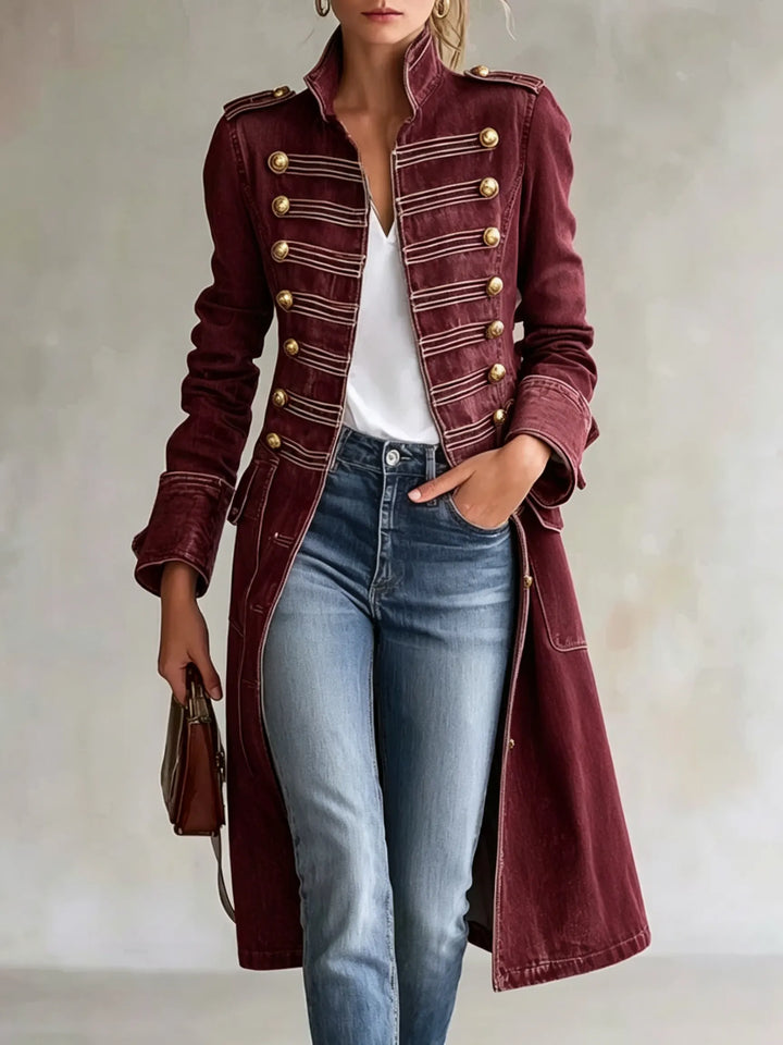 Women's long military-style double-breasted coat with officer collar