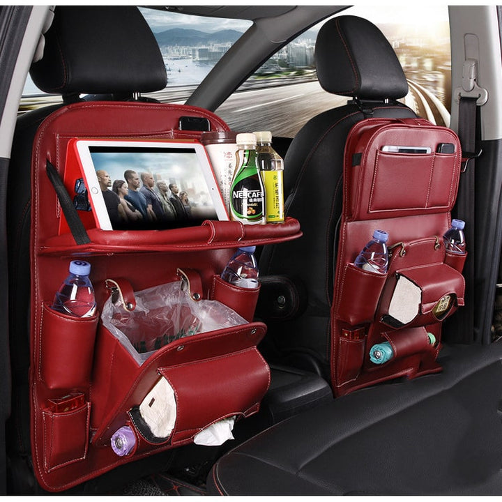 Back Facing Car Seat Organizer with Fold-Down Tray Table and Multiple Storage Pockets