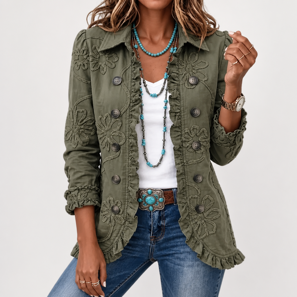 Floral Embroidered Utility Jacket – Vintage Boho Style with Ruffle Trim