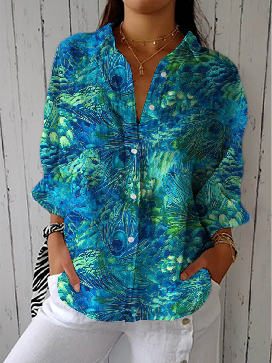 Peacock Grace Blouse – Colorful Top with Peacock Feather Print