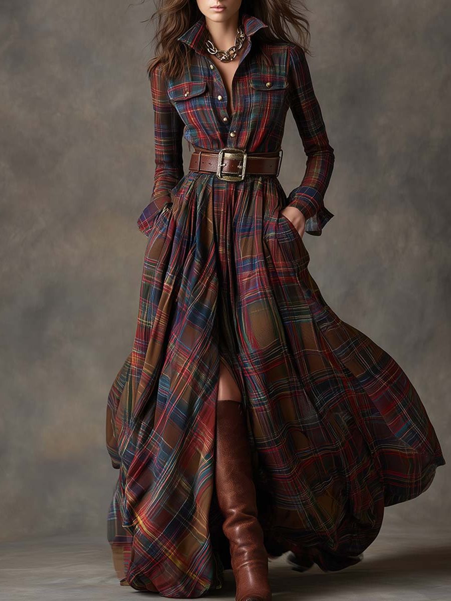 Plaid Shirt Dress with Belt for Women