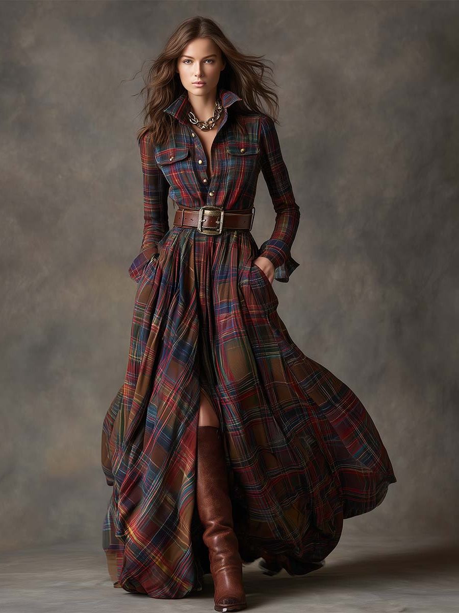 Plaid Shirt Dress with Belt for Women