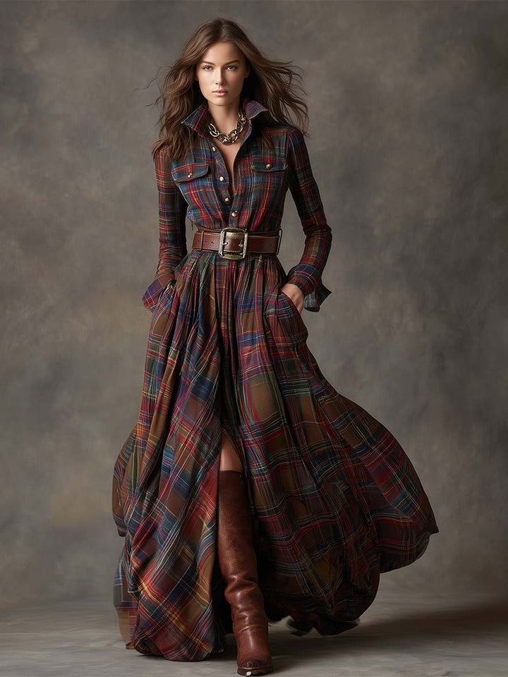 Plaid Shirt Dress with Belt for Women