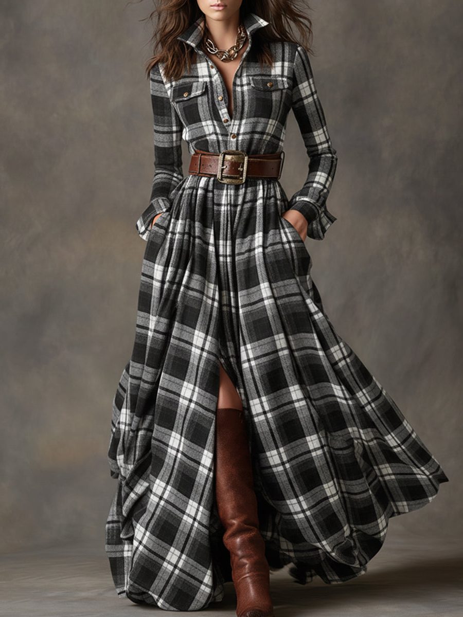 Plaid Shirt Dress with Belt for Women