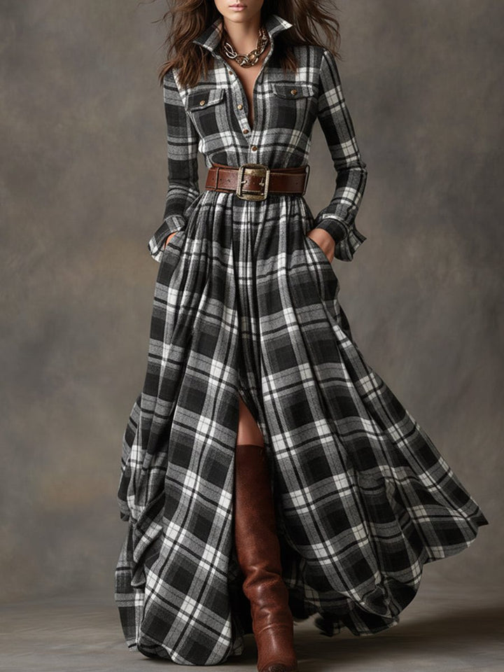 Plaid Shirt Dress with Belt for Women