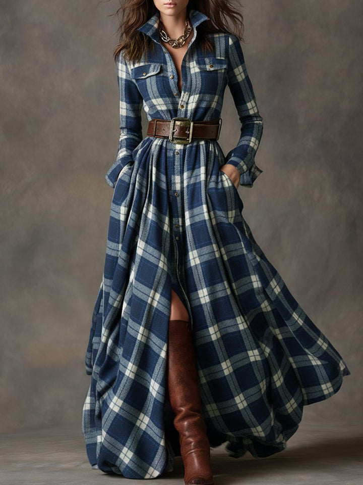 Plaid Shirt Dress with Belt for Women