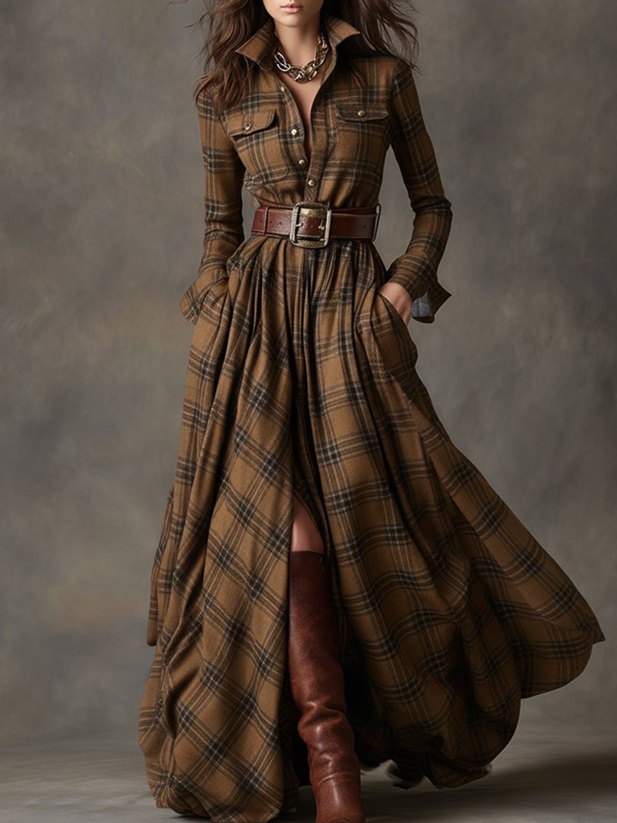 Plaid Shirt Dress with Belt for Women