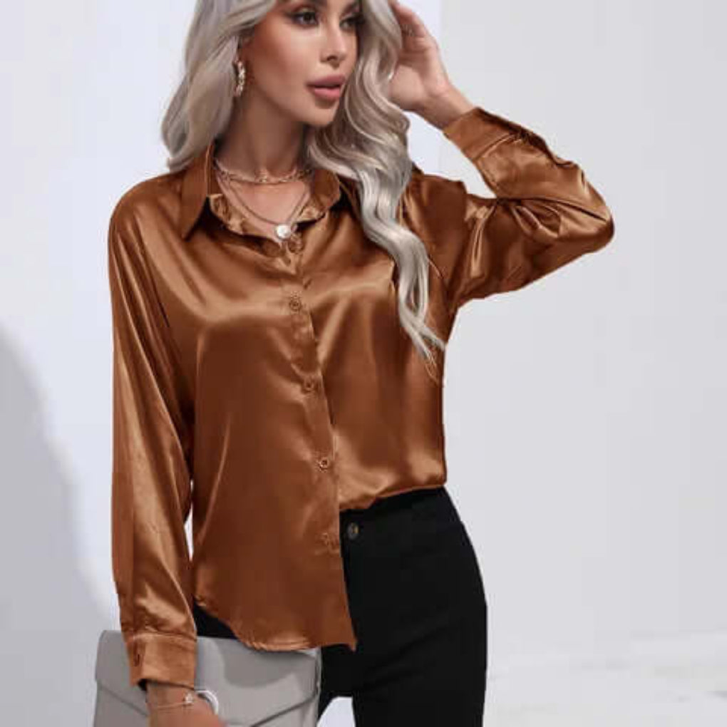Women's Satin Loose Fit Long Sleeve Blouse