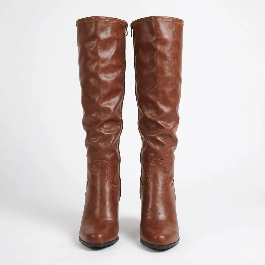 Leather Block Heel Knee High Boots