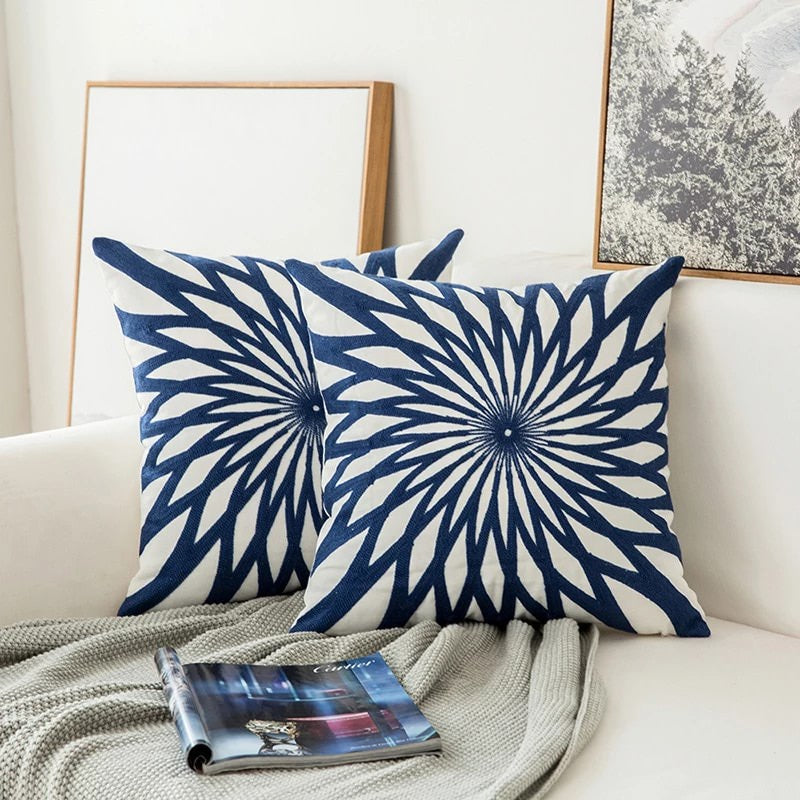 Auralithe - Blue Embroidered Cushion Cover with Ornamental Pattern