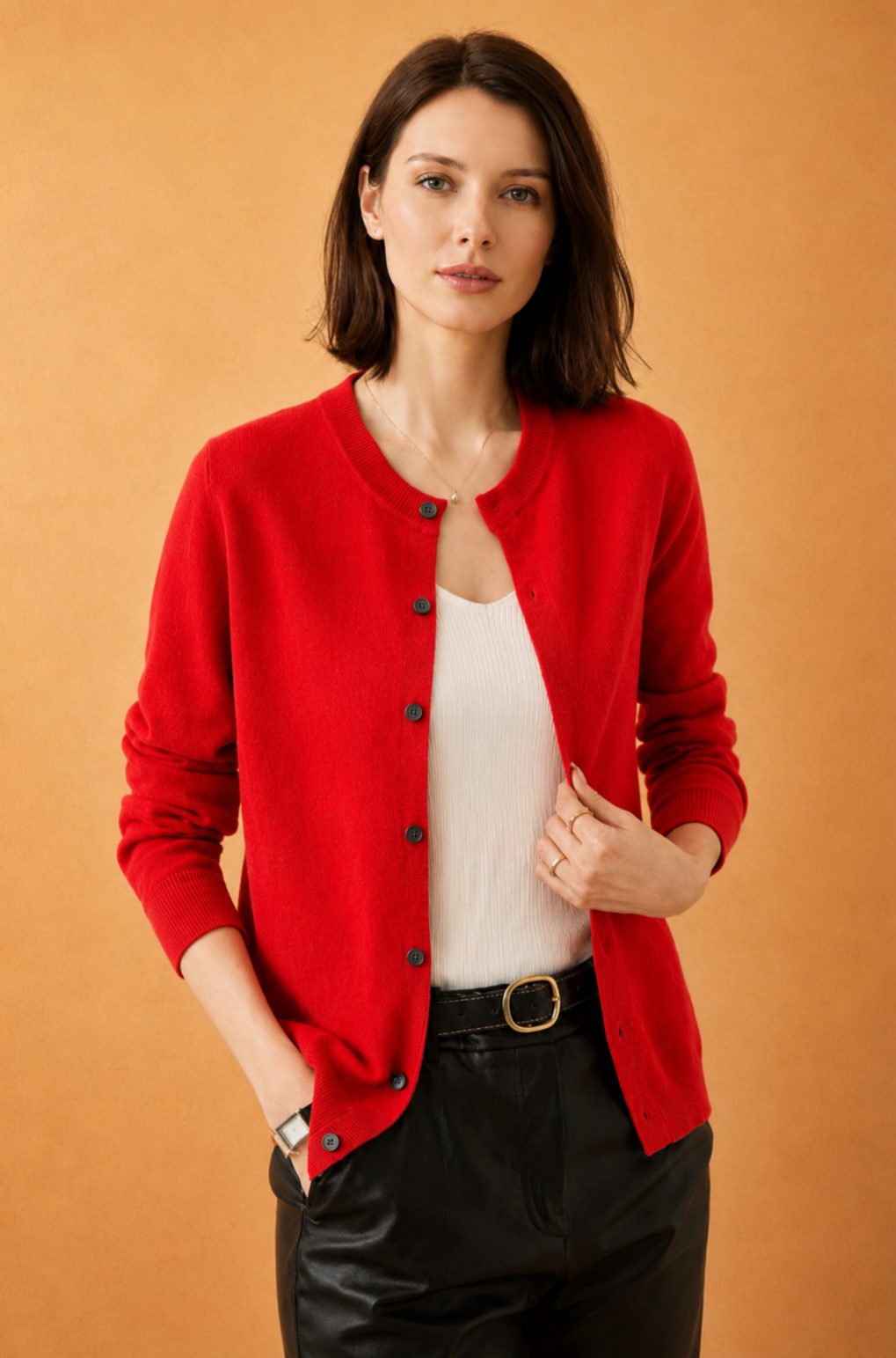 Button-Down Cardigan with Crew Neck for Women