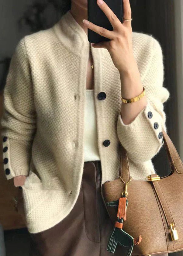 Ribbed Cashmere Cardigan with Stand Collar and Button-Down Front for Women