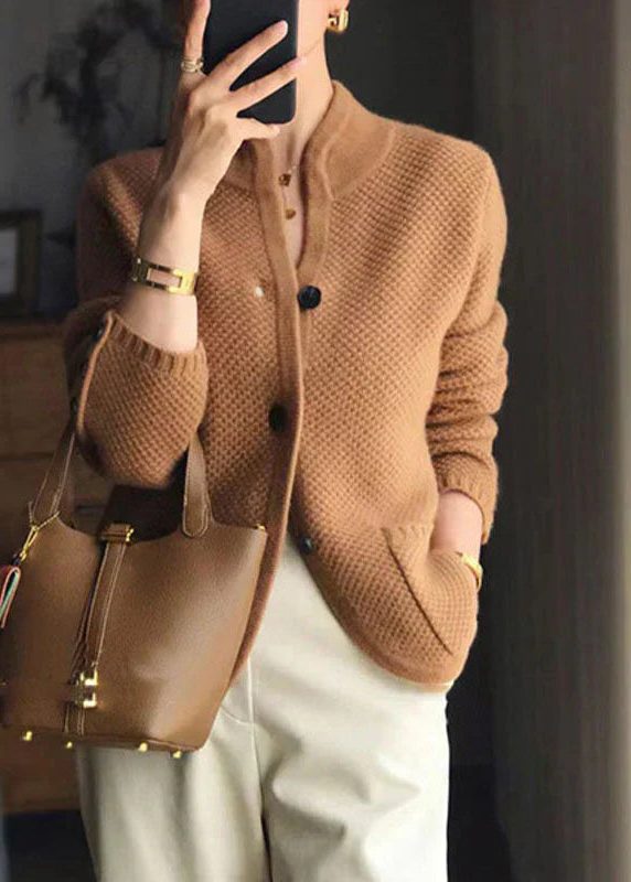 Ribbed Cashmere Cardigan with Stand Collar and Button-Down Front for Women
