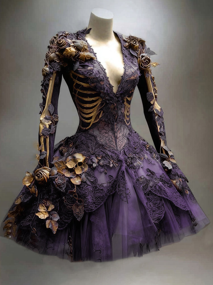 Women's Gothic Skeleton Long-Sleeve Mini Dress for Halloween