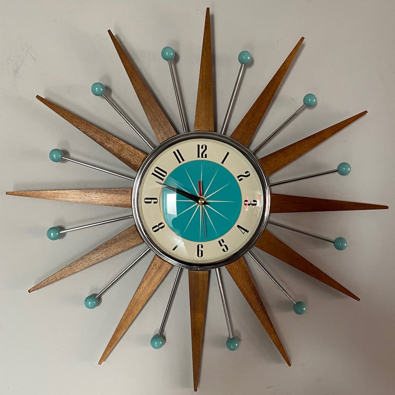 Handmade mid-century style wall clock | Retro wall decor, quiet & battery-operated