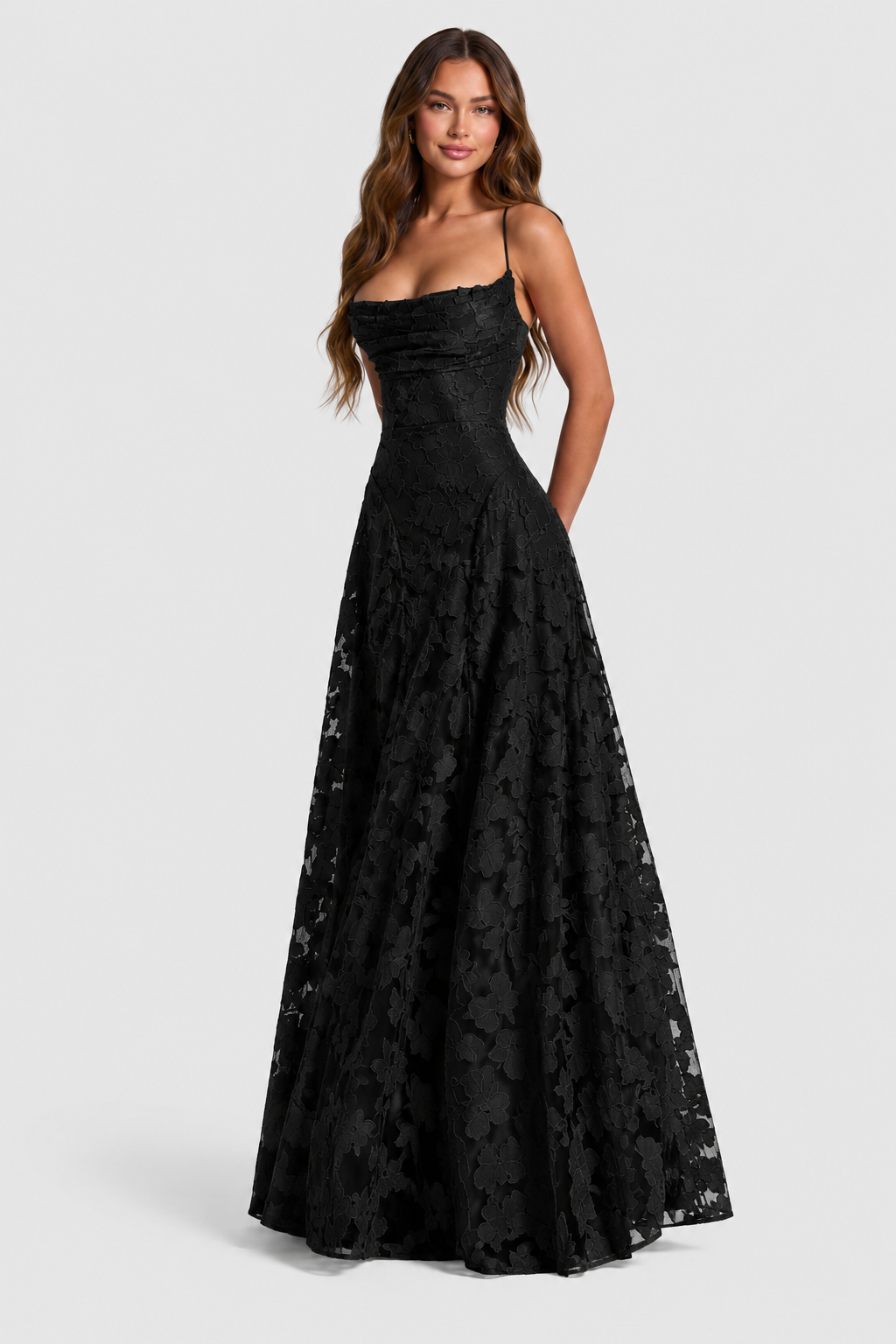 Raised 3D floral lace A-line midi-maxi dress with draped neckline