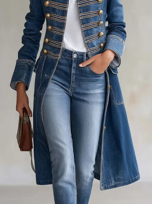 Women's long military-style double-breasted coat with officer collar