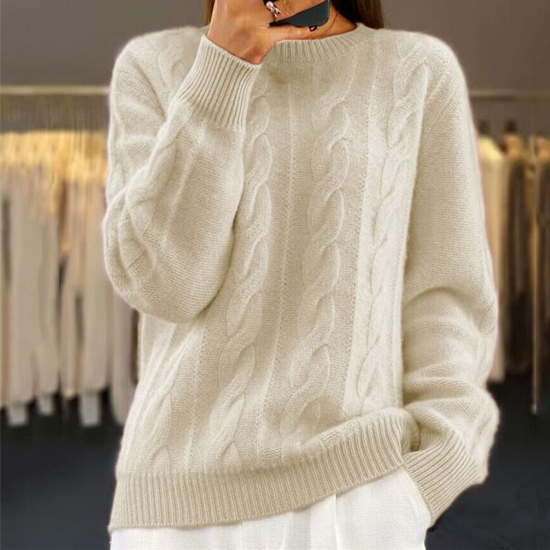 Cable Knit Pullover with Crew Neck for Women