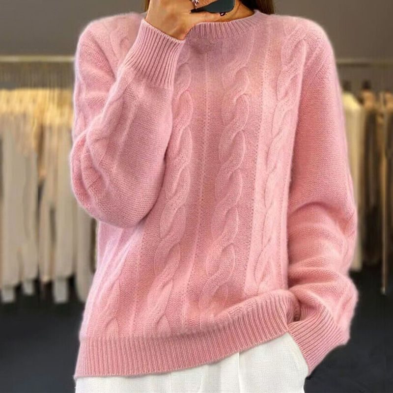Cable Knit Pullover with Crew Neck for Women