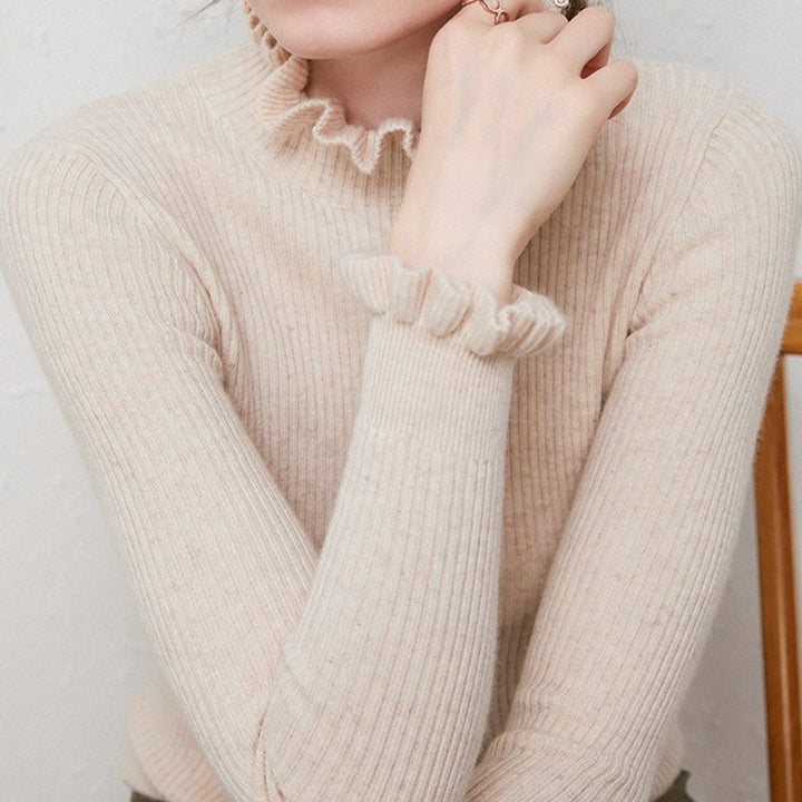 Cashmere Ribbed Knit Turtleneck Sweater with Ruffled Cuffs for Women