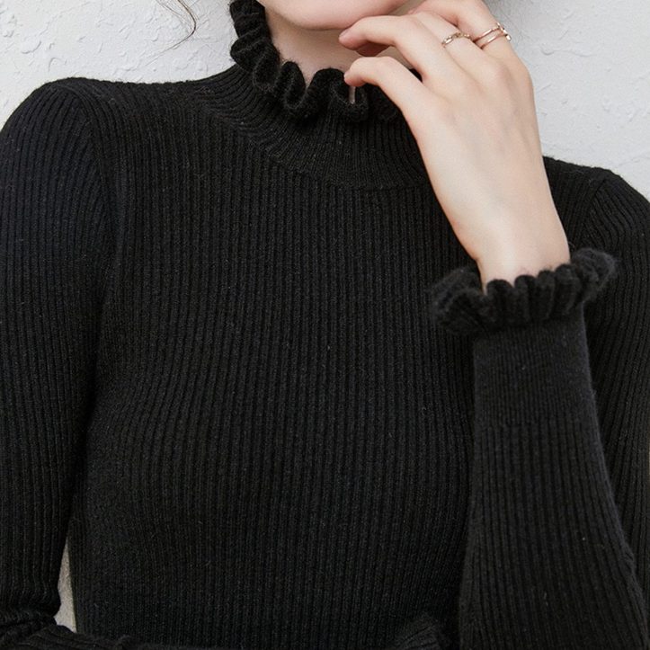 Cashmere Ribbed Knit Turtleneck Sweater with Ruffled Cuffs for Women