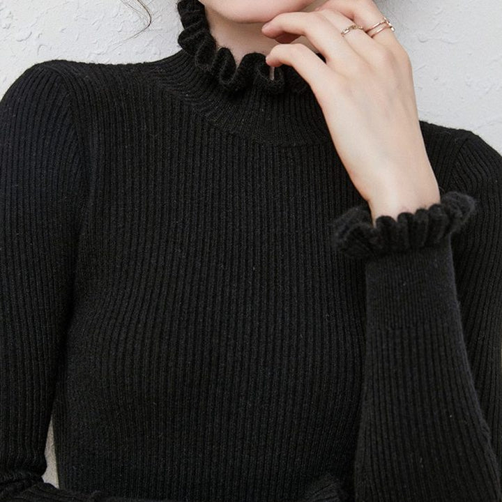 Cashmere Ribbed Knit Turtleneck Sweater with Ruffled Cuffs for Women