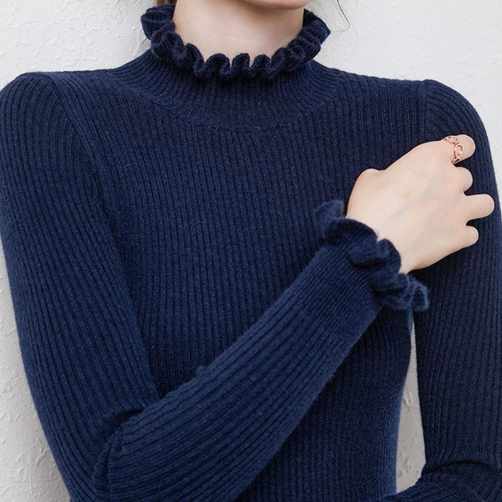 Cashmere Ribbed Knit Turtleneck Sweater with Ruffled Cuffs for Women