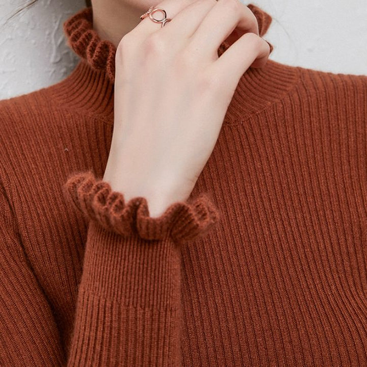 Cashmere Ribbed Knit Turtleneck Sweater with Ruffled Cuffs for Women