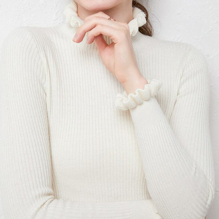 Cashmere Ribbed Knit Turtleneck Sweater with Ruffled Cuffs for Women